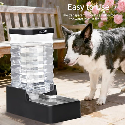 RIZZARI Stainless Steel Dog Water Dispenser : 10L Lagre Capacity Gravity Waterer - Anti-Tip Stay-Put Base - No Power Needed - Leak-Proof Auto Refill - for Large Dogs - Apartment/Office/Pet Corner