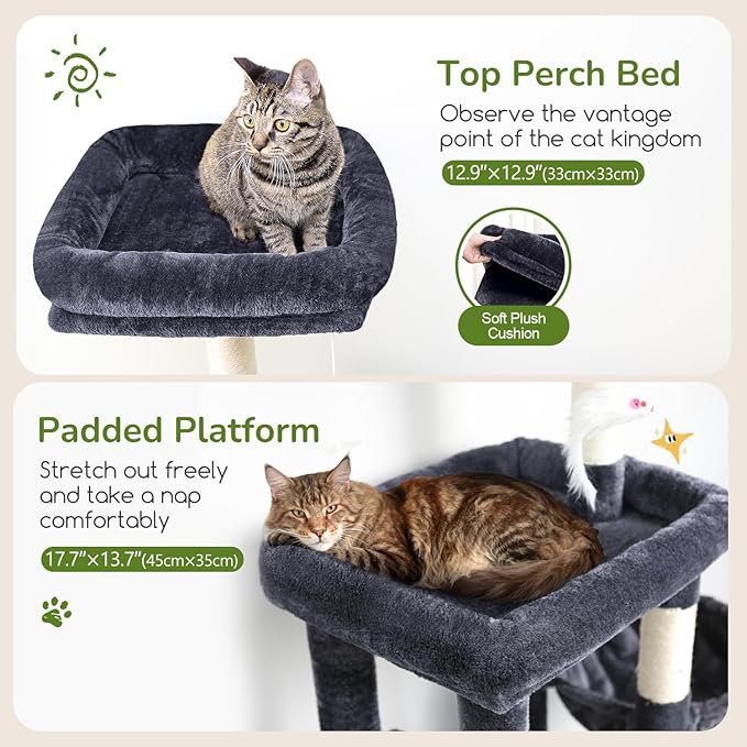 Globlazer Cat Tree Condo Tower for Multiple Indoor Cats, 52in Multi-Level Cat Scratching Tree with 2 Cat Condos, 5 Sisal Scratching Posts, 2 Padded Perches, Big Basket, Widened Base, S52, Dark Grey