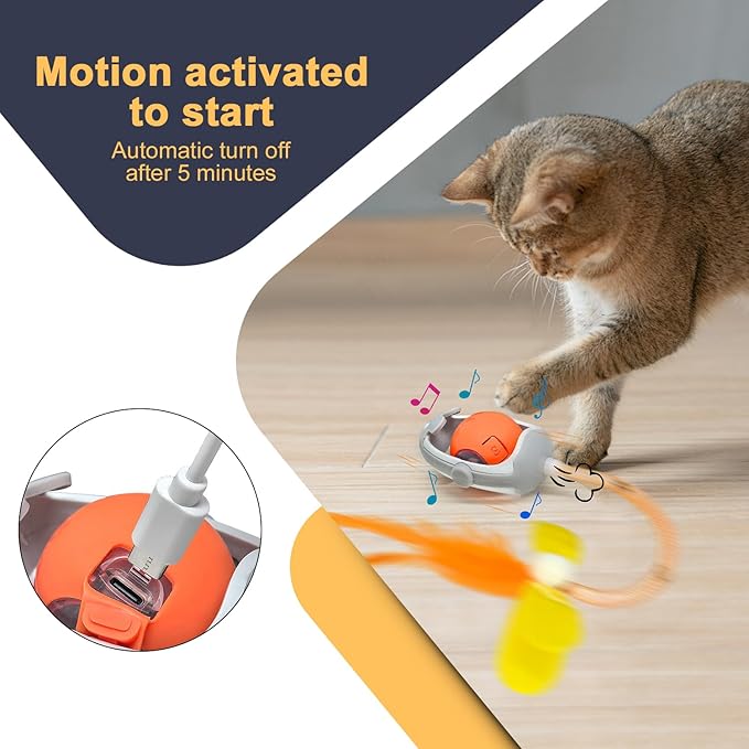 Tyasoleil Interactive Cats Toys Ball, Newly IMAGINABLE Agile Mice Moving Ball, Mice&Bird Voice Attract, Elastic Mesh Tail, Automatic Kitten Toys, 2 Replacement Feather, for Bored Adult Indoor Cats