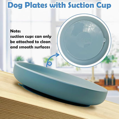 Silicone Dog Bowl Set of 2 Flat Puppy Food & Water Dish Less Mess Cat Dry Food Plates with Suction Cup Non-Tippable Feeding Bowls for Small & Medium-Sized Pets (Round Pale Blue)