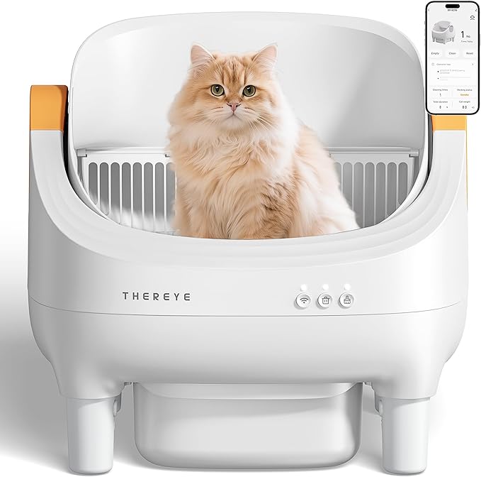 Thereye Self-Cleaning Cat Litter Box,Open-Top Automatic Litter Box with App Control for Multiple Cats, Safety Sensors Protection, Odor Control Includes Trash Bags,Large Waste Bin, White Yellow
