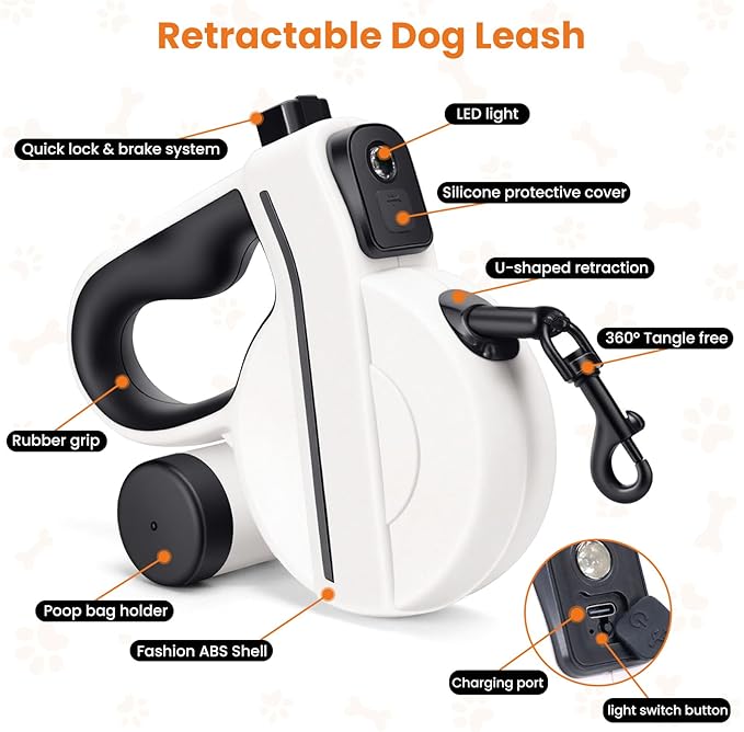 Retractable Dog Leash with Light USB Charged LED & Reflective Tape, 16FT Flexi Dog Leash for Large Dogs, Tangle-Free Pet Lead with Poop Bag Holder, Night Safety, Black