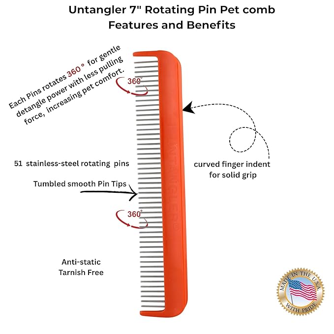 Pet comb for easy mat removal - silky smooth rotating teeth untangles without causing pain to pets (7", Orange Coral)