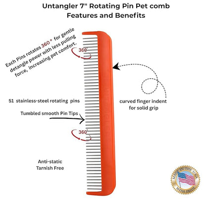 Pet comb for easy mat removal - silky smooth rotating teeth untangles without causing pain to pets (7", Orange Coral)