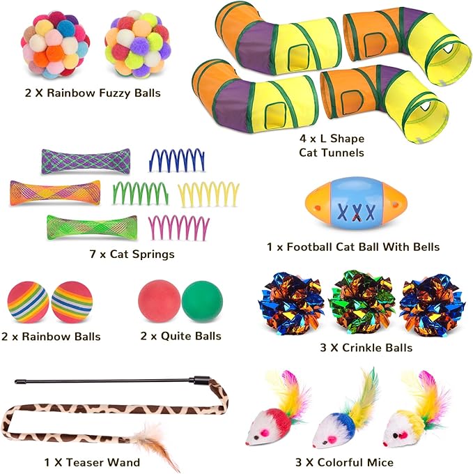 Retro Shaw 25Pcs Cat Toys, Extra Large Tunnels with Cats Toys, Ideal Indoor Interactive Kitten Toys, Kitty Tube Tent Feather Wand Teaser Balls Bell Crinkle Fuzzy Springs Mouse
