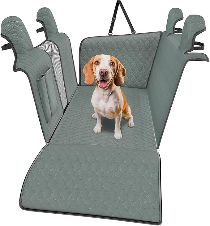 Dog Car Seat Cover for Back Seat (Waterproof, Scratch & Slip Resistant) ‑ Heavy Duty Dog Hammock with Mesh Window, Seat Belt Access & Pet Safety Anchor, Fits Cars/SUV/Truck (Model 3/Y, Gray)