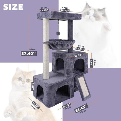 37.4" Cat Tree Tower with Twin Cat Condos for Indoor Cats, All-in-One Activity Center with Cat Scratching Post Cozy Sleeping Perch Hammock and Toy Balls,Grey
