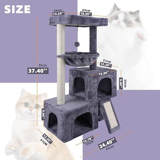 37.4" Cat Tree Tower with Twin Cat Condos for Indoor Cats, All-in-One Activity Center with Cat Scratching Post Cozy Sleeping Perch Hammock and Toy Balls,Grey