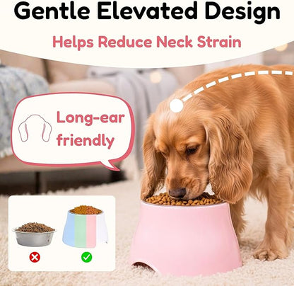 Elevated Spaniel Dog Bowl, Melamine Raised Dog Food Bowl for Long-Eared Dogs, Raised Dog Bowls for Small & Medium Dogs, Stainless Steel Inner Bowl, Non-Slip Base (Pink, M (420 ML / 1.5 Cups))
