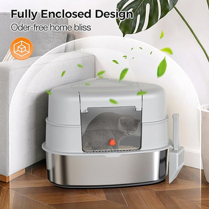 XXL Stainless Steel Corner Cat Litter Box with Lid - Sturdy, No Odor & Space-Saving Hidden Design for Large Cats, Grey