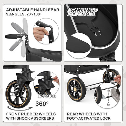 MoNiBloom Pet Stroller for Large Dogs or Multiple Dogs Cats with Adjustable Handle, 3-Wheels Dual Entry Portable Dog Carting Easy Folding Pet Wagon Double Dog Stroller up to 55 lbs, Black