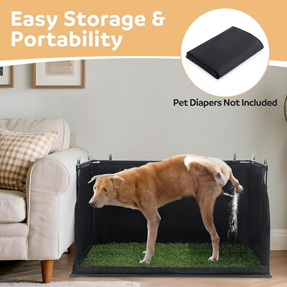 MABOZOO Dog Pee Pad Holder with Artificial Grass, 33.8 * 24 * 17.7 in Foldable Indoor Dog Potty Tray with Hemmed Edge, No Spill Pee Pad Holder Tray Puppy Litter Box for Dogs