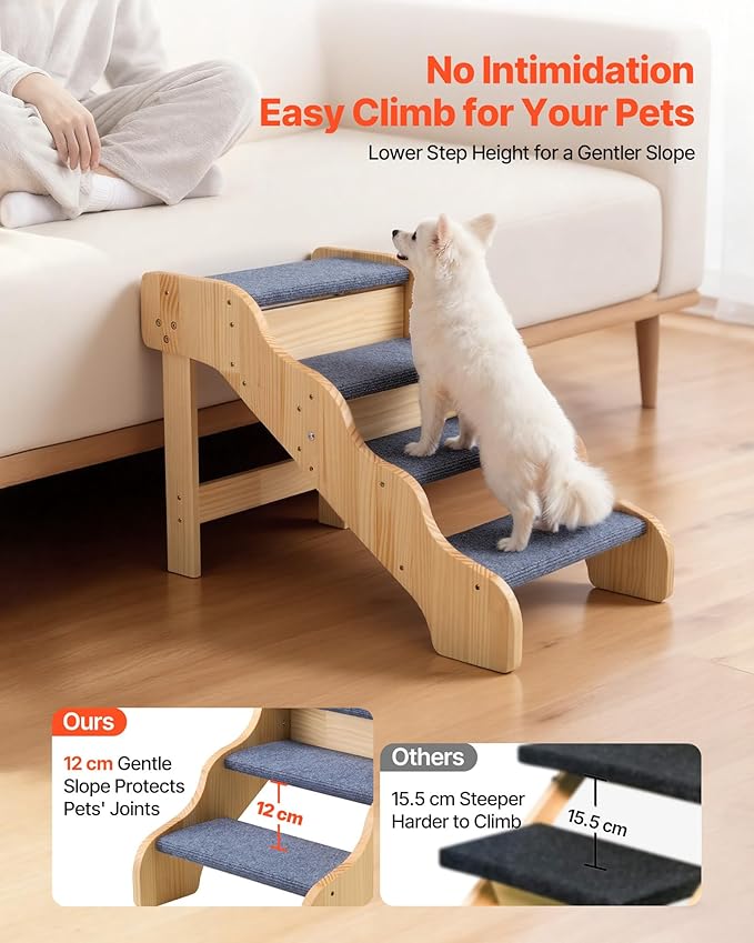 VEVOR Wood Pet Stairs, 4-Step Dog Stairs for High Beds, Sofa & Cars, 150lbs Load Capacity, Non-Slip Surface, Stable Cat & Dog Step Ladder for Small Medium Large Older Pet Puppy Essentials