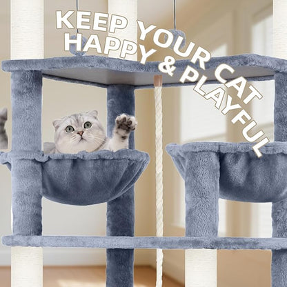 71in Multifunctional Multi-Level Cat Tree Tower for Indoor Cats,Cat Tree with Hammock,2 Condos,2 Hanging Baskets,2 Feather Toys,3 Perches,5 Hanging Balls,7 Scratching Posts,Grey