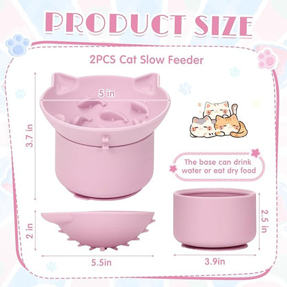 2 Pack Silicone Cat Slow Feeder, Elevated Slow Feeder Cat Bowl for Dry and Wet Food, Tilted Design with Non Slip Base, Adjustable Angle for Pet(Pink and Blue)