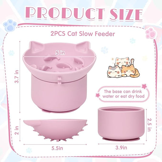 2 Pack Silicone Cat Slow Feeder, Elevated Slow Feeder Cat Bowl for Dry and Wet Food, Tilted Design with Non Slip Base, Adjustable Angle for Pet(Pink and Blue)
