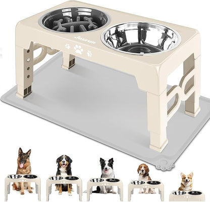 Elevated Dog Bowls for Medium Size Dogs with Mat, Non-Slip Dog Feeder with 1*Stainless Steel Dishes & 1*Slow Feeder Bowl, 5 Heights Adjustable Raised Bowls for 3.15″-8.66″-9.84″-11.02″-12.2″