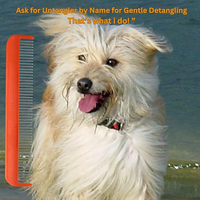 Pet comb for easy mat removal - silky smooth rotating teeth untangles without causing pain to pets (7", Orange Coral)