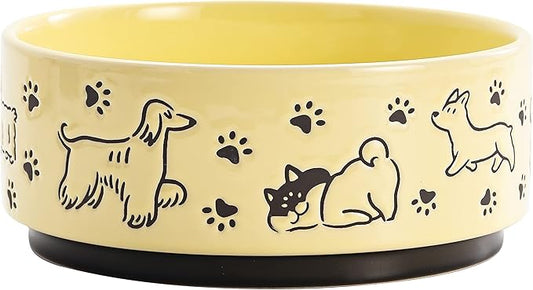 Bico Happy Dogs Yellow Ceramic 76oz Pet Bowl, for Large Size Dog, Puppy, Cat, Kitten, Durable and Dishwasher Safe Stoneware