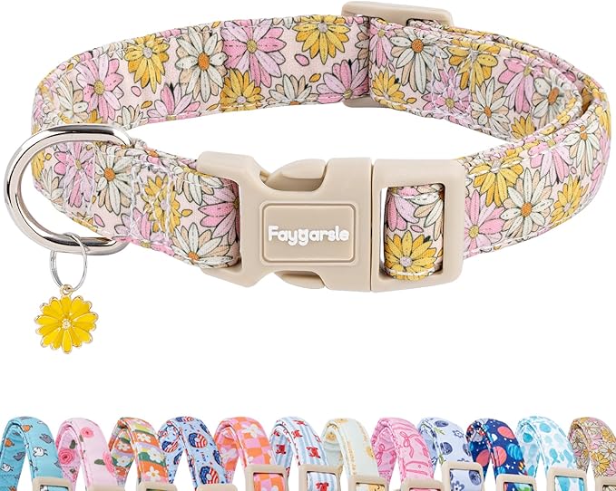 Faygarsle Floral Girl Dog Collar, Cotton Fabric with Daisies Pattern, Pink and Yellow Summer Spring Design for Small Medium Large Dogs M