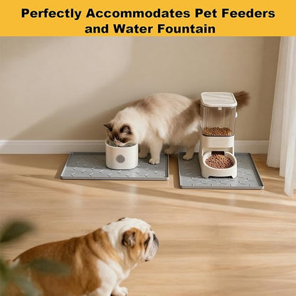 Pieviev 16''x12'' Dog Cat Food Bowl Mat, Silicone Waterproof Food Grade Pet Food Mat for Floor, High Raised Edge to Prevent Spills, Non-Slip & Easy Clean Pet Placemat for Dog & Cat Bowls, Light Gray