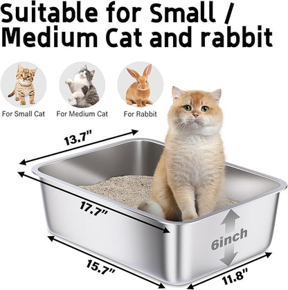 Stainless Steel Litter Box, 18"x14"x6"(Height) Medium Metal Cat Litter Box Easy Clean, Non Stick Litterbox No Smell for Cats or Kitty, Rabbits