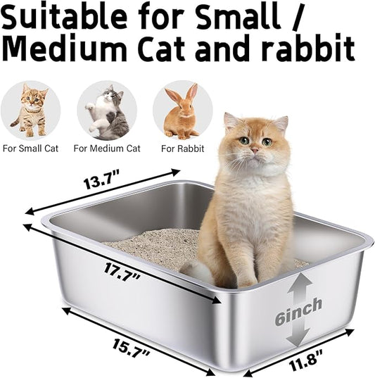 Stainless Steel Litter Box 2 Pack, 18"x14"x6" Medium Cat Litter Box Easy to Clean, Never Absorb Odor, Non Stick Metal Litterbox for Small to Medium Cats, Rabbits