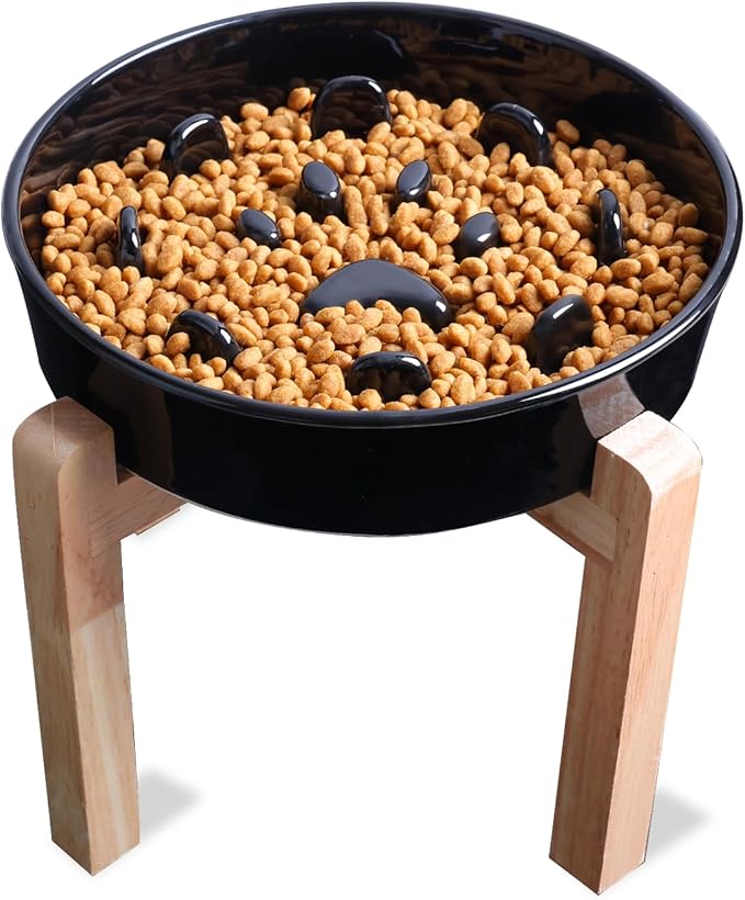 Dog Slow Feeder Bowl with Stand, Round Ceramic Pet Food Bowl for Medium Breed, Fun Raised Dog Bowls to Slow Down Eating (Black)