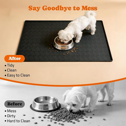Large Silicone Dog Food Mat with Raised Edge, Waterproof Non-Slip Pet Feeding Mat for Floors, Dog Bowl Mat for Food and Water, Spill Proof Cat & Dog Feeding Placemat, Easy Clean, 34 x 22, Black