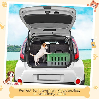 2 Set Travel Pet Carriers for Small Cat Dog Plastic Hard Shell Carrier Cat with Bowl Wire Door Grille Mat Portable Breathable Security Lock Puppy Kennel for Travel Airline, 17.5", up to 13lbs(Green)
