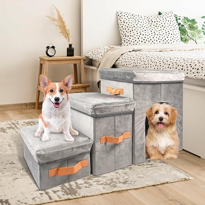 Dayard Dog Stairs with Storage, Foldable Dog Steps for Sofa High Beds, Portable Pet Storage Stepper for Small Pets Dogs Cats, 3 Steps Grey