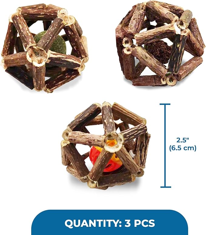 SunGrow Silverine Balls for Cats, Engaging and Interactive Pet Enrichment, Gall Fruit, Catnip, Bell Ball, Cool Pal Feline Toy, Christmas Stocking Stuffers, Brown, 2.5” (Diameter), 3 Pieces per Set 
