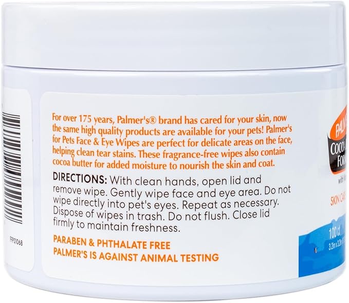 Palmer’s for Pets Face and Eye Dog Wipes with Cocoa Butter, Gentle Tear Stain and Facial Cleaning Wipes for Sensitive Areas and Daily Grooming Care, Unscented, 100 Count - 6 Pack