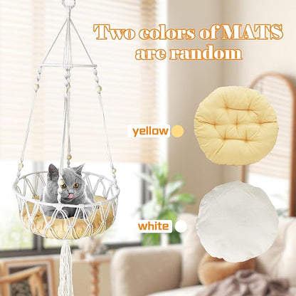 Macrame Cat Hammock Bed,Handwoven Hanging Boho Cat Bed with Hanging Kit for Indoor Outdoor Home Decor Ceiling Catio Swing for Playing Sleeping Climbing and Lounging(15.74x15.74x47.24IN)(L)