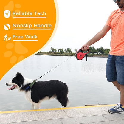 ILOMAX 360° Tangle-Free Retractable Dog Leash Built-in Waste Bag Dispenser Under Handle 2 Rolls Poop Bags Included Heavy Duty Tape Leash for Dogs up to 50kg Carry Pouch Included.26ft (Red, XL)