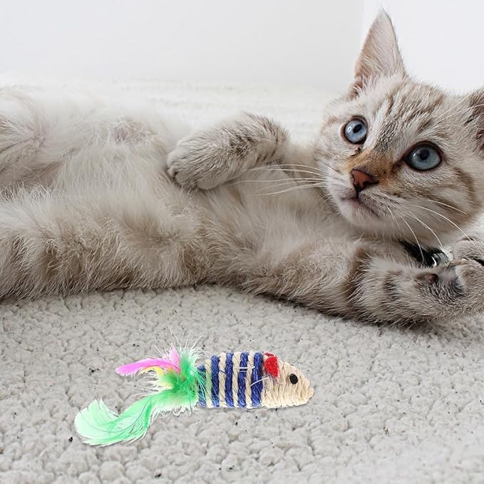 LOGOFUN 6pcs Cat Mouse Toys Sisal Mouse Shaped Toys Sisal Mice Toys with Feather Kitten Teething Toy for Pet Supplies - Pink+Blue