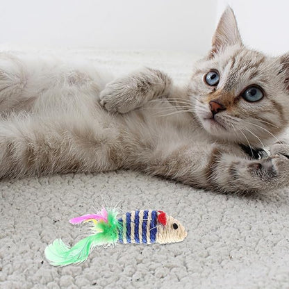 LOGOFUN 6pcs Cat Mouse Toys Sisal Mouse Shaped Toys Sisal Mice Toys with Feather Kitten Teething Toy for Pet Supplies - Pink+Blue