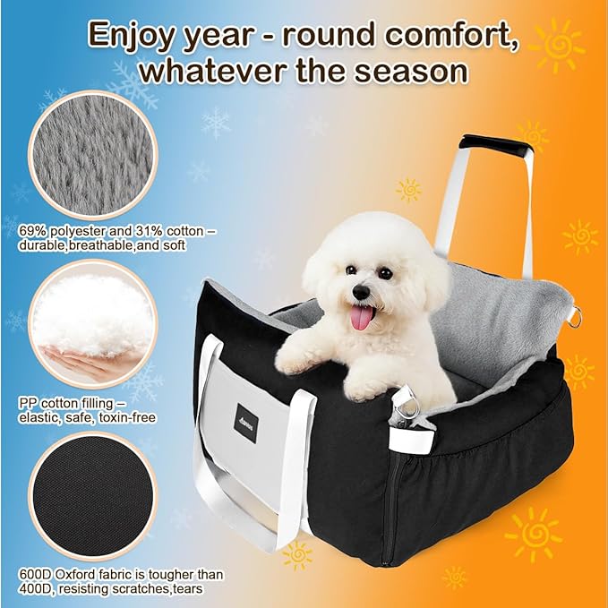 SIVES Dog Car Seat for Small Dogs, Soft Booster Seat Travel Bed with Side Flaps, Non-Slip Base, Seat Belt Straps + Safety Tether, Storage Pocket, Washable Cushion, Recommended Up to 33 lbs, Black
