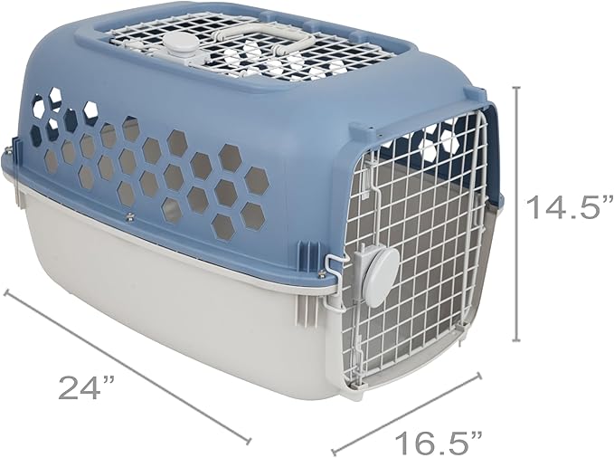 24" Pet Kennel Carrier for Small Dogs & Cats, Portable Travel & Home Use Two-Door (Top/Front Loading) Plastic Crate for 15-25 lbs Pets, Durable Blue