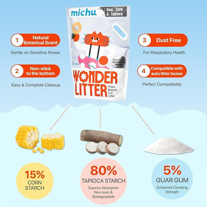 Michu Wonder Cat Litter, Cassava Plant-Based Cat Litter, Automatic Litter Box Friendly, Flushable & Fast Clumping, Low Dust Odor Control, 5.5lb/88oz - Lemon Tea 4 Pack