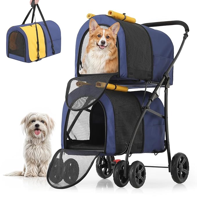 MoNiBloom Double Dog Stroller with Detachable Carrier Bags Large 4 Wheels Foldable Jogger for Small and Medium Dog Cats, Navy Blue/Yellow