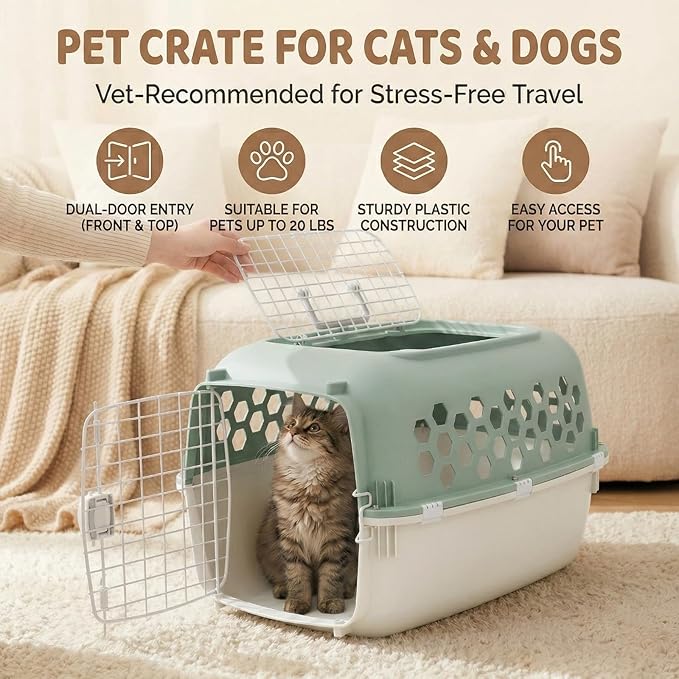 Hard-Sided Pet Carrier for Dogs and Cats | 24-Inch Top-Load Travel Kennel with Double Door Entry | Heavy-Duty Plastic Crate for Vet Visits & House Training, Green/Gray, Up to 30 lbs Capacity