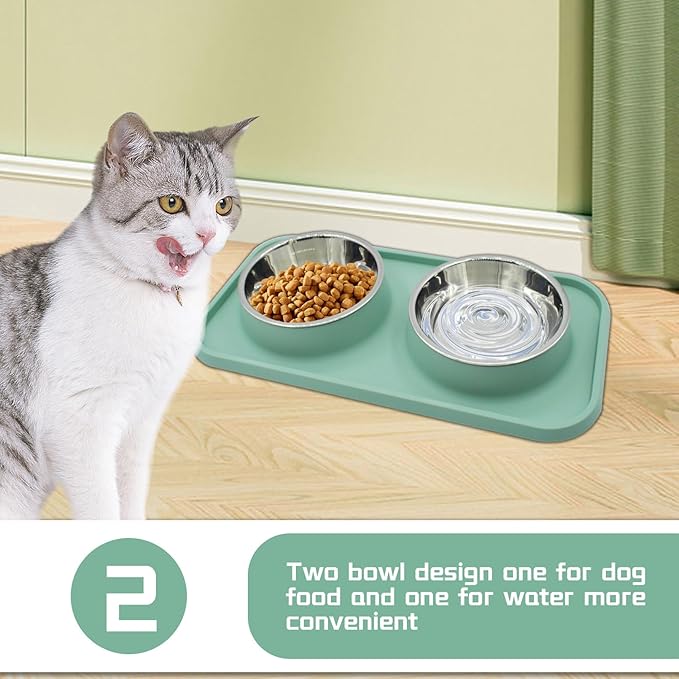 Double Dog Food Bowls Stainless Steel with No Spill Non Skid Silicone Mat Removable Dog Water and Food Bowls Set Durable Feeding for Small Dogs Puppy Cat Kitten(Blue)