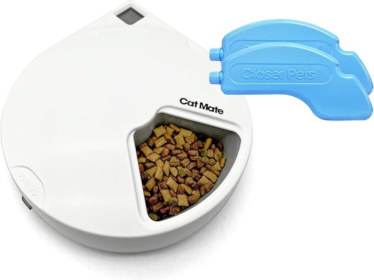 Cat Mate C500 Automatic 5 Bowl Digital Timer-Controlled Pet Feeder - for Cats and Small Dogs, Wet or Dry Food, Includes Twin Ice Packs, 5 Meals Up to 0.73 lb Each, White