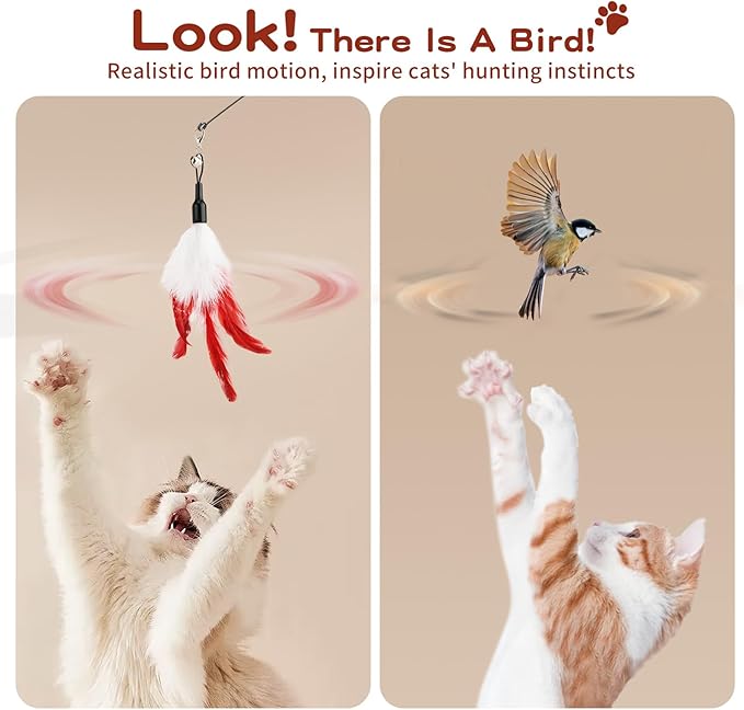 Pawaboo Feather Teaser Cat Toy - Interactive Wand with Extra Long 34.5" Wand and Small Bell, Exerciser Playing Toy for Kittens or Cats, Wine Red & White Feather