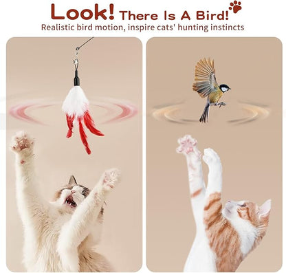 Pawaboo Feather Teaser Cat Toy - Interactive Wand with Extra Long 34.5" Wand and Small Bell, Exerciser Playing Toy for Kittens or Cats, Wine Red & White Feather