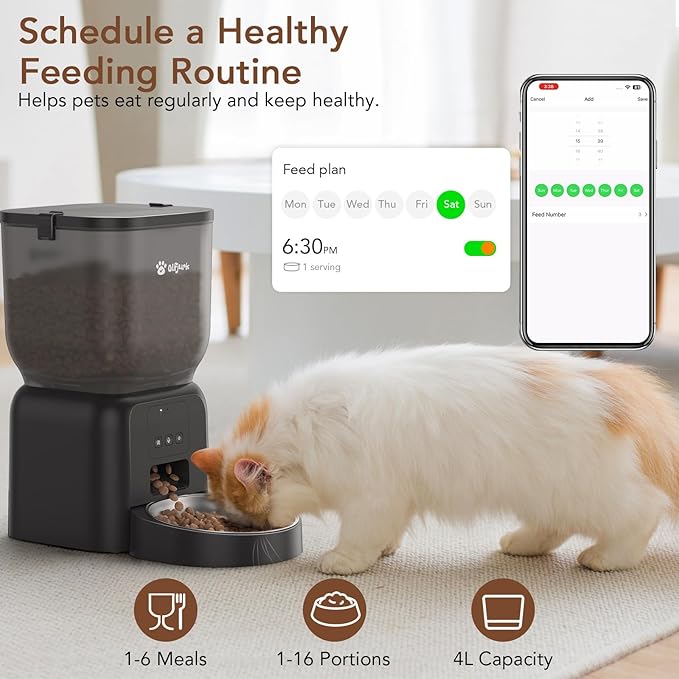 Remote Controlled Automatic Dog & Cat Feeder, APP Controlled,with Freshness Preservation, Timed Cat Feeder with Stainless Steel Bowl. 4L Capacity Up to 6 Meals Per Day and 1-15 Portion for Cats & Dog