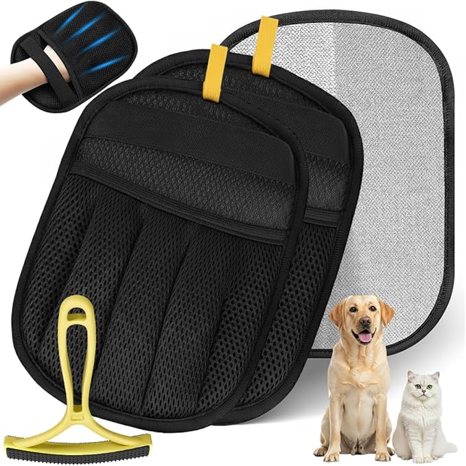 2 Pack Electrostatic Pet Hair Remover Glove with Cleaning Brush for Cats & Dogs, 2026 Upgraded Reusable 5-Finger Grooming Gloves – Magic Brush Tool for Furniture, Couch, Carpet, Car & Clothing (Black)