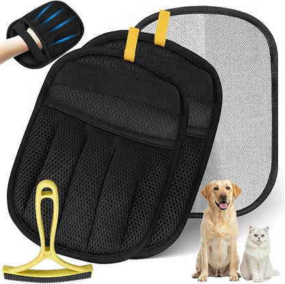 2 Pack Electrostatic Pet Hair Remover Glove with Cleaning Brush for Cats & Dogs, 2026 Upgraded Reusable 5-Finger Grooming Gloves – Magic Brush Tool for Furniture, Couch, Carpet, Car & Clothing (Black)