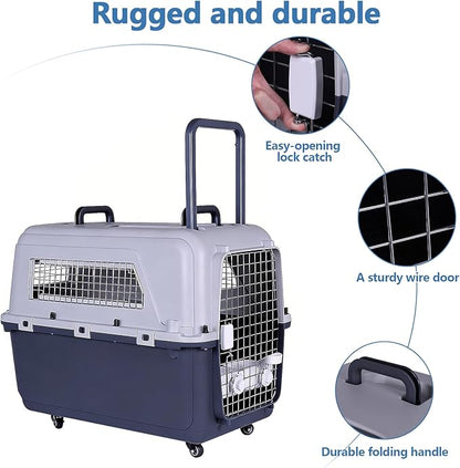 Large Portable Dog Crate Kennel (33×21.6×25.2In) Sturdy Pet Carrier with Handle Metal Door Travel Pet Box for Puppies Kittens Suitable for Air Consignment Out for Medical Treatment Road Trip